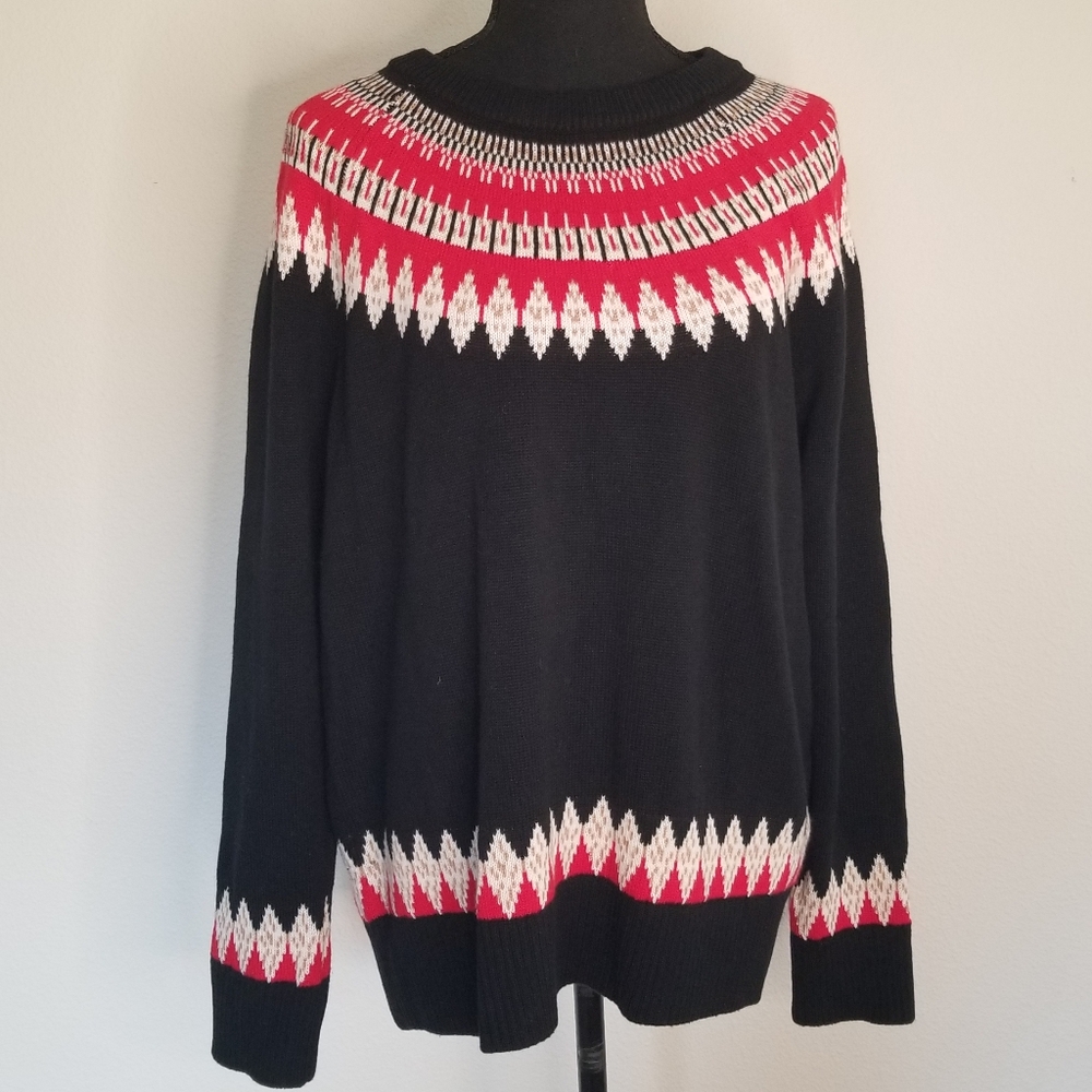 Charter Club Fairisle crew neck sweater Black red cream tan circular yoke